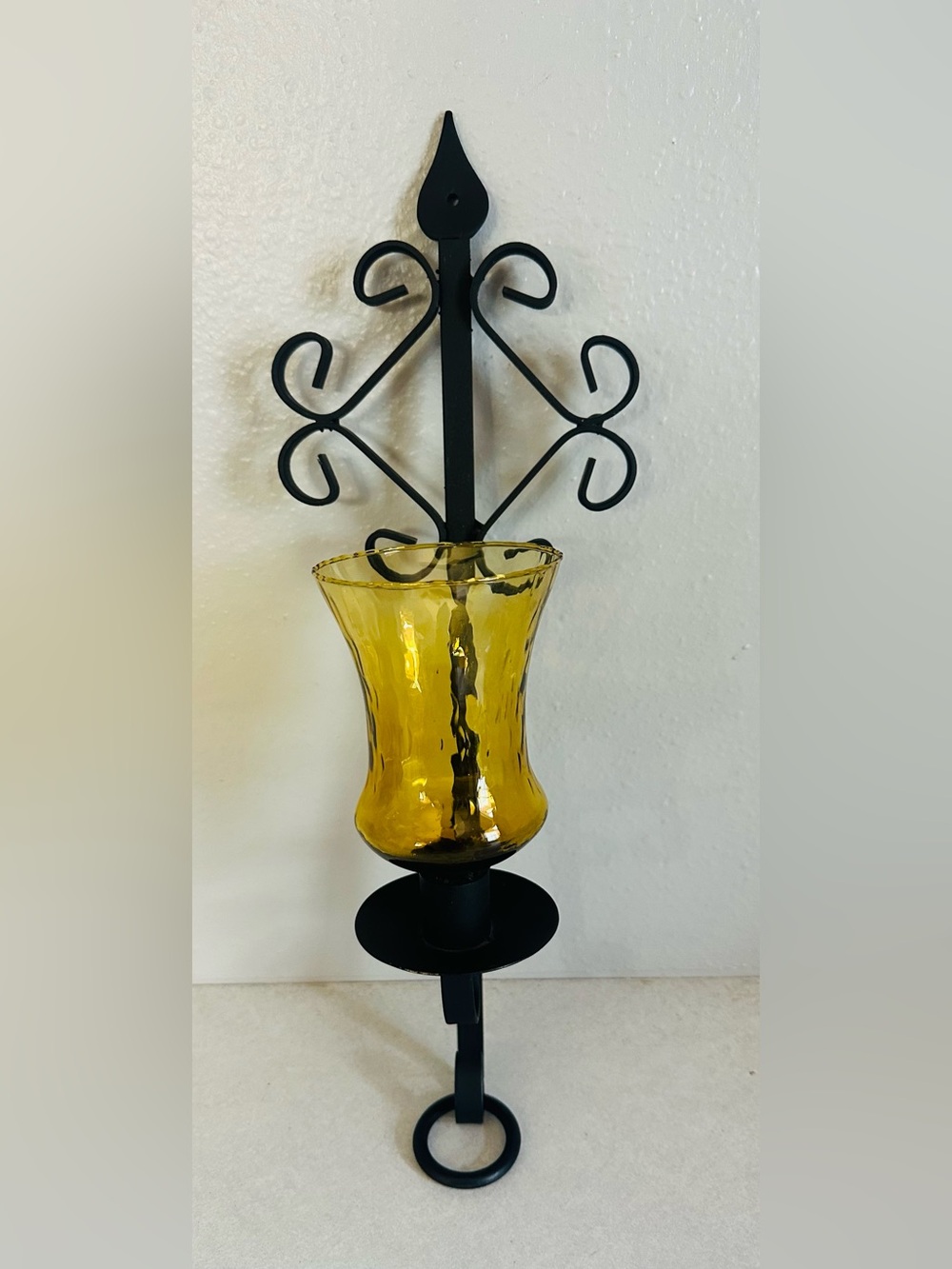 Vintage MCM Black Metal Candle Taper Holder Wall Decor 16”x6” W Yellow Glass